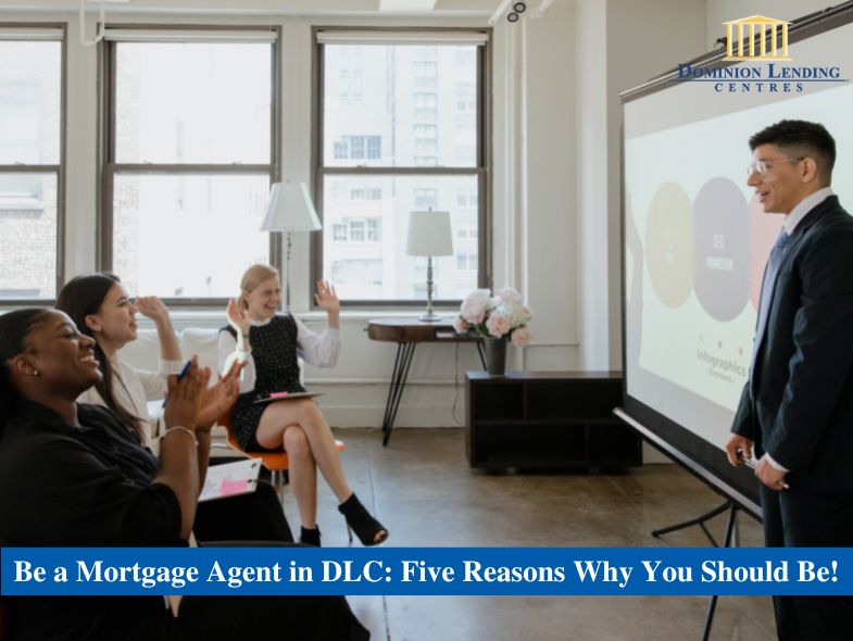 A man is presenting something to his co-workers, who are also happy as they are helping each other to be a mortgage agent.